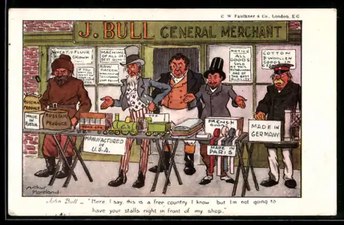 AK Ausländische Händler verkaufen ihre Ware vor J. Bulls Geschäft, Propaganda Entente