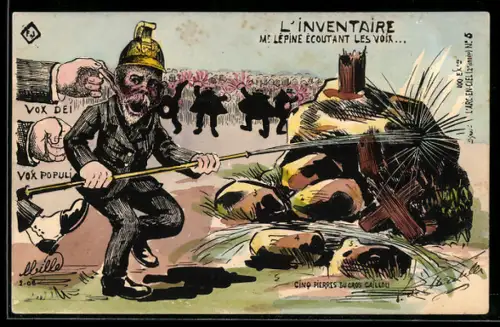 AK Lépine wird an den Ohren gezogen und zerstört dabei ein Kreuz, Propaganda Entente