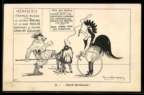 AK Bär und Hahn treten auf das Wildschwein Wilhelm II. ein, Propaganda Entente