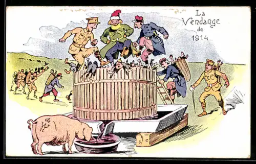 AK La Vendange de 1914, Alliierte Soldaten treten auf deutschen Soldaten herum, Propaganda Entente