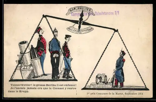 AK Französischer Soldat wiegt seine drei Gegner und ihre Artillerie allein auf einer Waage auf, Propaganda Entente