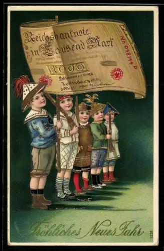 AK Kinder mit Holzgewehren und 100-Reichsmark-Flagge - Neujahrsgruss