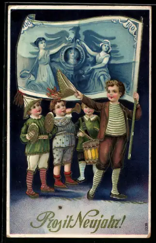 Präge-AK Kinder mit Geldschein als Fahne, Neujahrsgruss