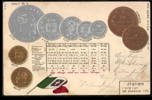 AK Italien, Geld-Münzen und Nationalflagge
