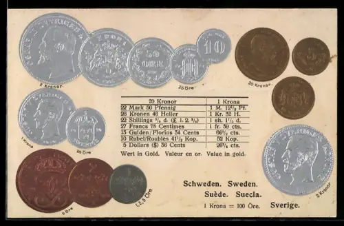 Präge-AK Schweden, Münzen mit Umrechnungstabelle