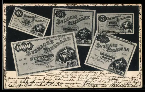 AK Schwedische Reichsbank, Geldscheine 5, 10, 50, 100 u. 1000 Kronen