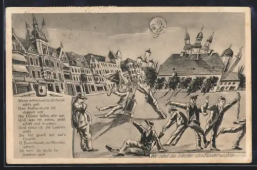 Wirtshaus-AK Finsterwalde, Rathaus, Marktplatz, Karikatur Wir sind die Sänger von Finsterwalde