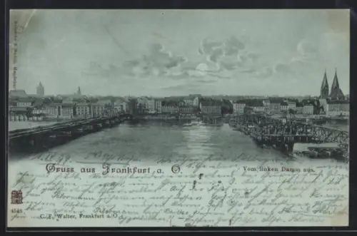 Mondschein-AK Frankfurt a. O., Blick vom linken Damm auf Stadt und Oderbrücke