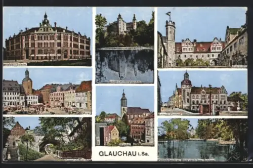 AK Glauchau i. Sa., Schloss Hinterglauchau, Rathaus, Markt, Kaiserliches Postamt