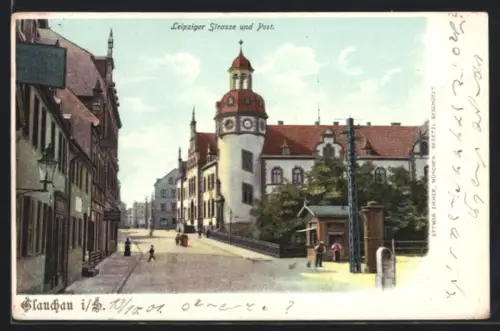 Lithographie Glauchau i. S., Leipziger Strasse, Post
