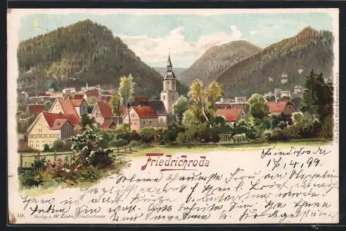 Lithographie Friedrichroda, Ortsansicht mit Kirche und umliegenden Bergen