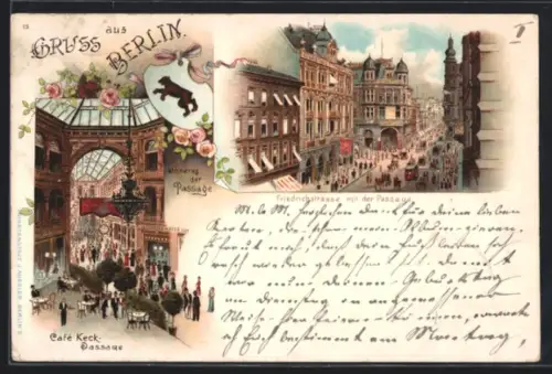 Lithographie Berlin, Friedrichstrasse mit Passage, Café Keck, Eingang der Passage