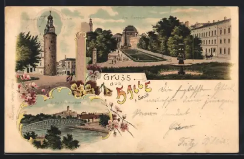 Lithographie Halle a. Saale, Roter Turm, Stadttheater, Eiserner Brückensteg