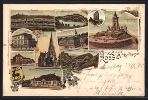 Lithographie Rossla /Kyffhäuser, Kaiser Wilhelm-Denkmal, Kirche, Bahnhof, Questenberg