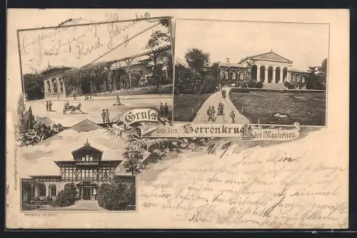 Lithographie Magdeburg, Gasthaus Herrenkrug, Kurhaus, Parkansicht, Restaurant