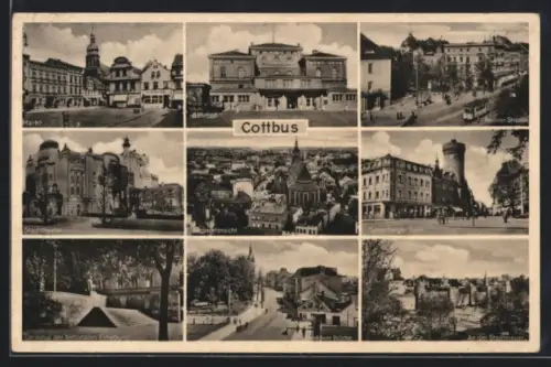 AK Cottbus, Markt, Stadttheater, Spremberger Turm, Denkmäler der Nationalen Erhebung