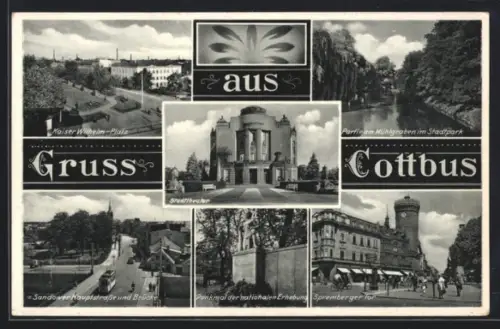 AK Cottbus, Stadtthalle, Spremberger Tor, Kaiser-Wilhelm-Platz, Partie am Mühlgraben