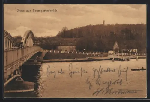 AK Baumgartenbrück, Brücke, Flussufer, Aussichtsturm