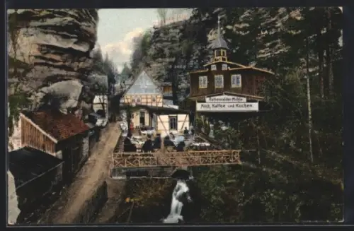 AK Rathewalde /Sächs. Schweiz, Gasthof Rathewalder Mühle, Terrasse, Felsen, Wasserfall
