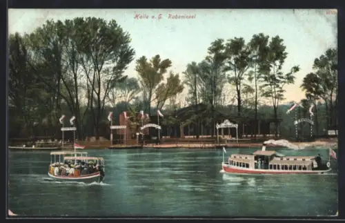 AK Halle a. S., Rabeninsel, Dampferanlegestelle, Ausflugslokal