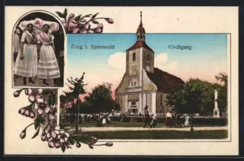 AK Burg i. Spreewald, Kirchgang, Trachtenträgerinnen