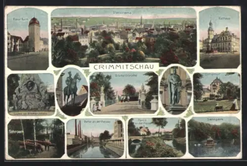 AK Crimmitschau, Panorama, Rathaus, Bismarckbrücke, Roter Turm, Sahnbahn, Sahnapark, Partie an der Pleisse