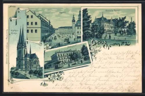 Lithographie Chemnitz, Markuskirche, Markt, Carola-Hotel, Bahnhof