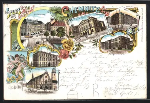 Lithographie Chemnitz, Nicolaibrücke, Hauptbahnhof, Jakobikirche