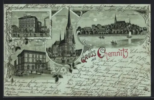 Mondschein-Lithographie Chemnitz, Bahnhof, St. Petrikirche, Schlossteich