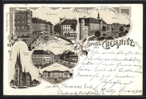 Lithographie Chemnitz, Neumarkt, Johannisplatz, Rathaus, Nicolaistrasse, Kreuzkirche