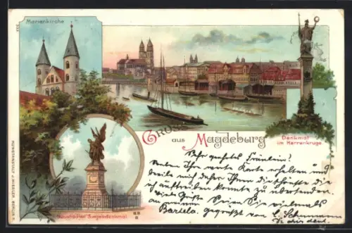Lithographie Magdeburg, Marienkirche, Neustädter Siegesdenkmal, Denkmal im Herrenkrug