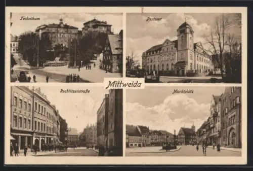 AK Mittweida, Technikum, Postamt, Rochlitzerstrasse