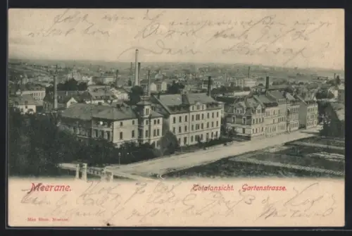 AK Meerane, Totalansicht mit Gartenstrasse und Fabriken