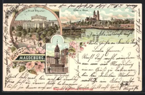 Lithographie Magdeburg, Stadttheater, Elbe und Dom