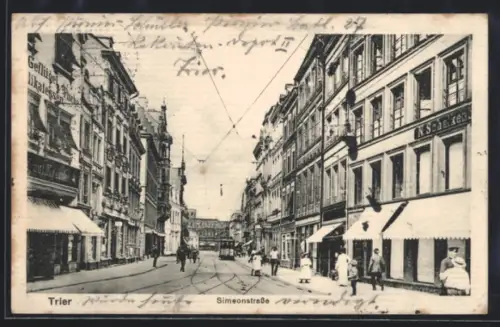 AK Trier, Simeonstrasse mit Strassenbahn