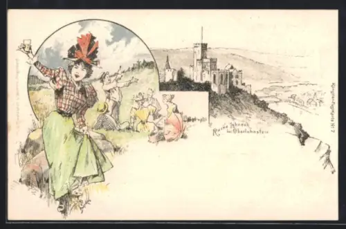 AK Oberlahnstein, Schloss auf einem Berg, weibliche und männliche Personen