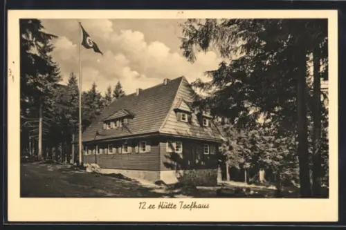 AK Braunlage, Blick zur 12er Hütte Torfhaus, flagge