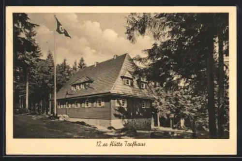 AK Braunlage, Blick zur 12er Hütte Torfhaus, flagge