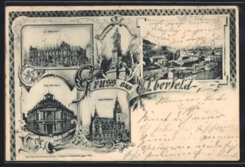 AK Elberfeld / Westf., Berg. Märk. Bank, Neues Rathaus, Stadt-Halle, Krieger-Denkmal