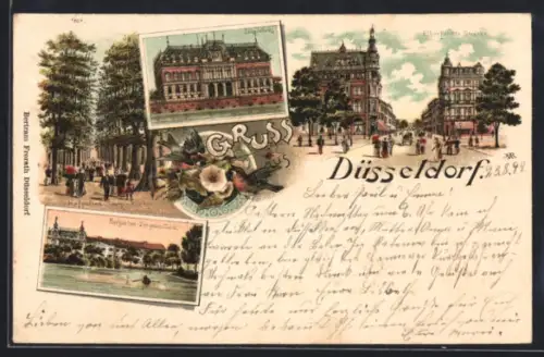 Lithographie Düsseldorf, Partie in der Elberfelder Strasse, Ständehaus und Hofgarten mit Grossem Teich