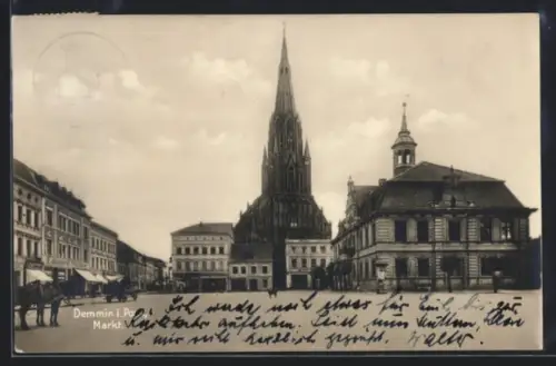 AK Demmin i. Pom, Partie am Markt mit Kirche