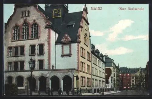 AK Mainz, Ober-Realschule mit Strassenpartie