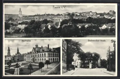 AK Pausa i. V., Totalansicht, Partie am Marktplatz und Zeulenrodaer Strasse