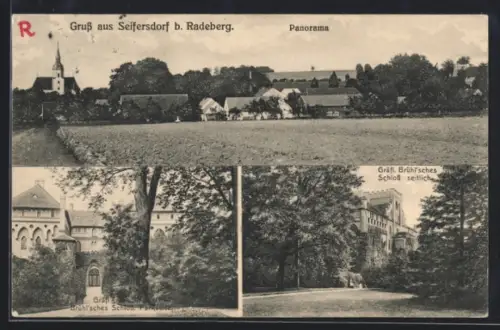 AK Seifersdorf, Gräfl. Brühl'sches Schloss, Ortsansicht mit Kirche