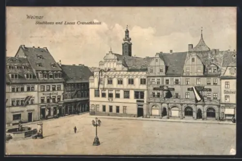 AK Weimar / Thür., Stadthaus und Lucas Cranachhaus mit Geschäften