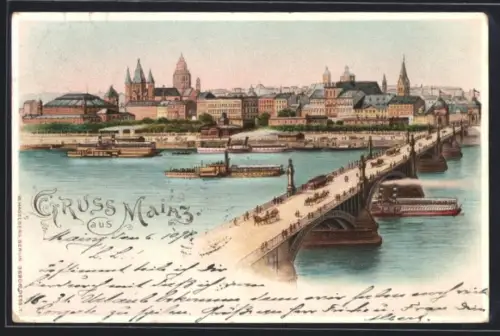 Lithographie Mainz, Rheinbrücke, Dom, Stadtpanorama