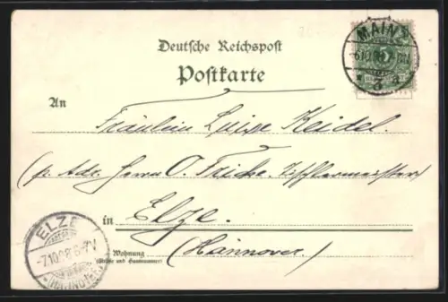 Lithographie Mainz, Rheinbrücke, Dom, Stadtpanorama