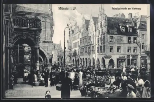 AK Münster i. W., Prinzipalmarkt am Markttag, Geschäfte, Fuhrwerk