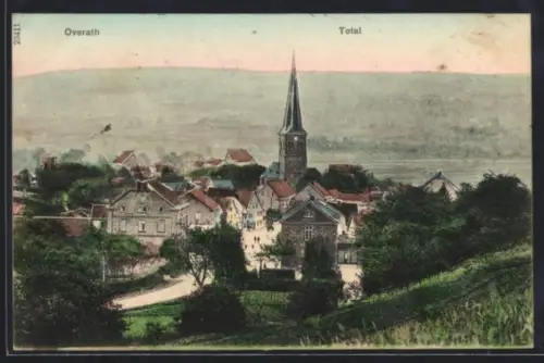 AK Overath, Totalansicht mit Strasse, Kirche, Fernblick
