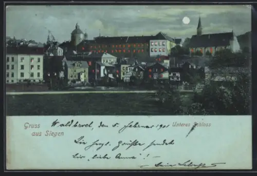 Mondschein-AK Siegen, Unteres Schloss, Panorama mit beleuchteten Fenstern